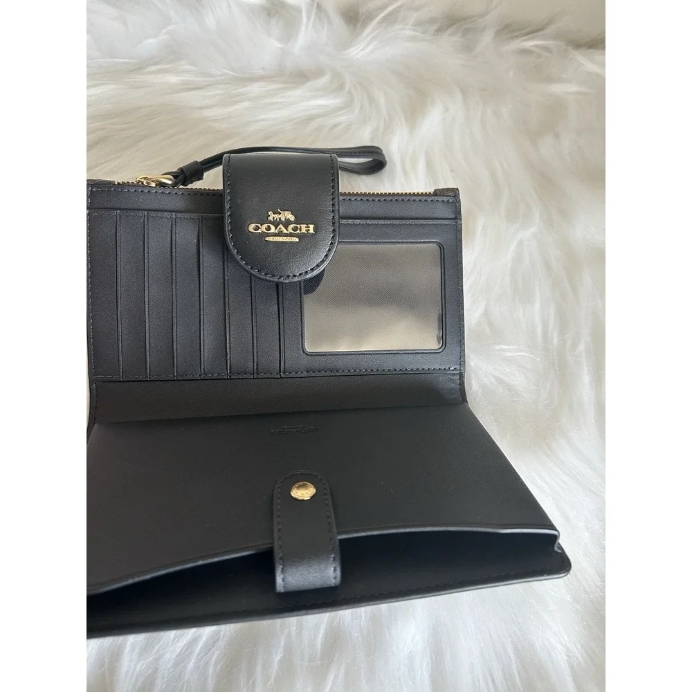 Coach Phone Wallet Brown Black Signature Canvas‎ Wristlet Excellent